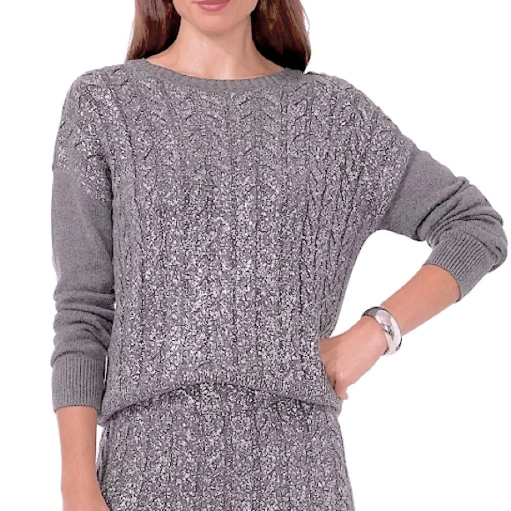 nwt Vince Camuto Metallic Knit Crew Neck Sweater Cable Knit Front Silver Grey